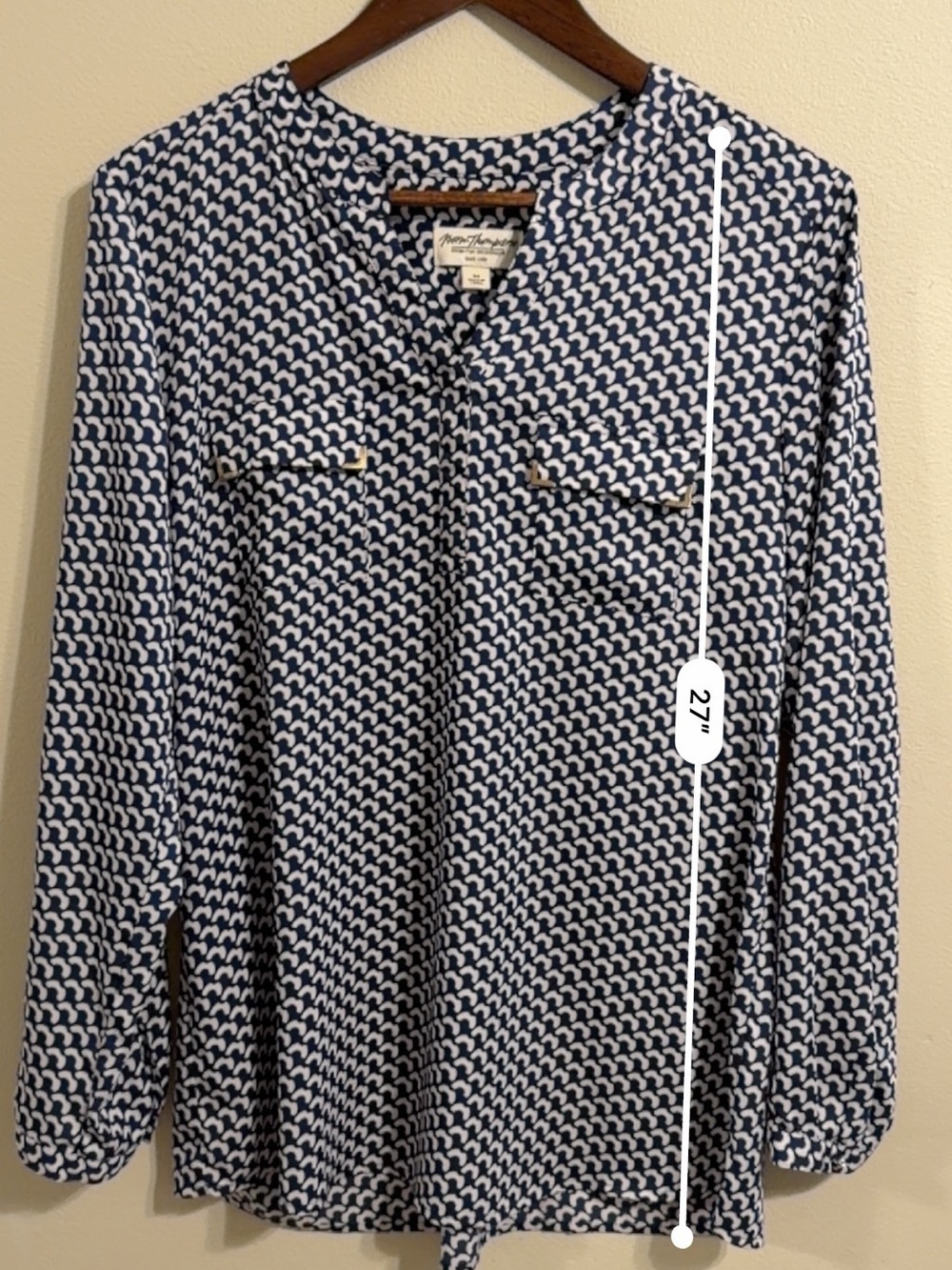 Norm Thompson Blue White Geometric Print Long Sleeve Blouse Top Medium - Picture 6 of 10